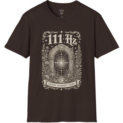 111 Hz T-Shirt with stone archway and sound wave design — Dark Sacred Stillness collection by Ramro Yoga Wear in Dark Chocolate