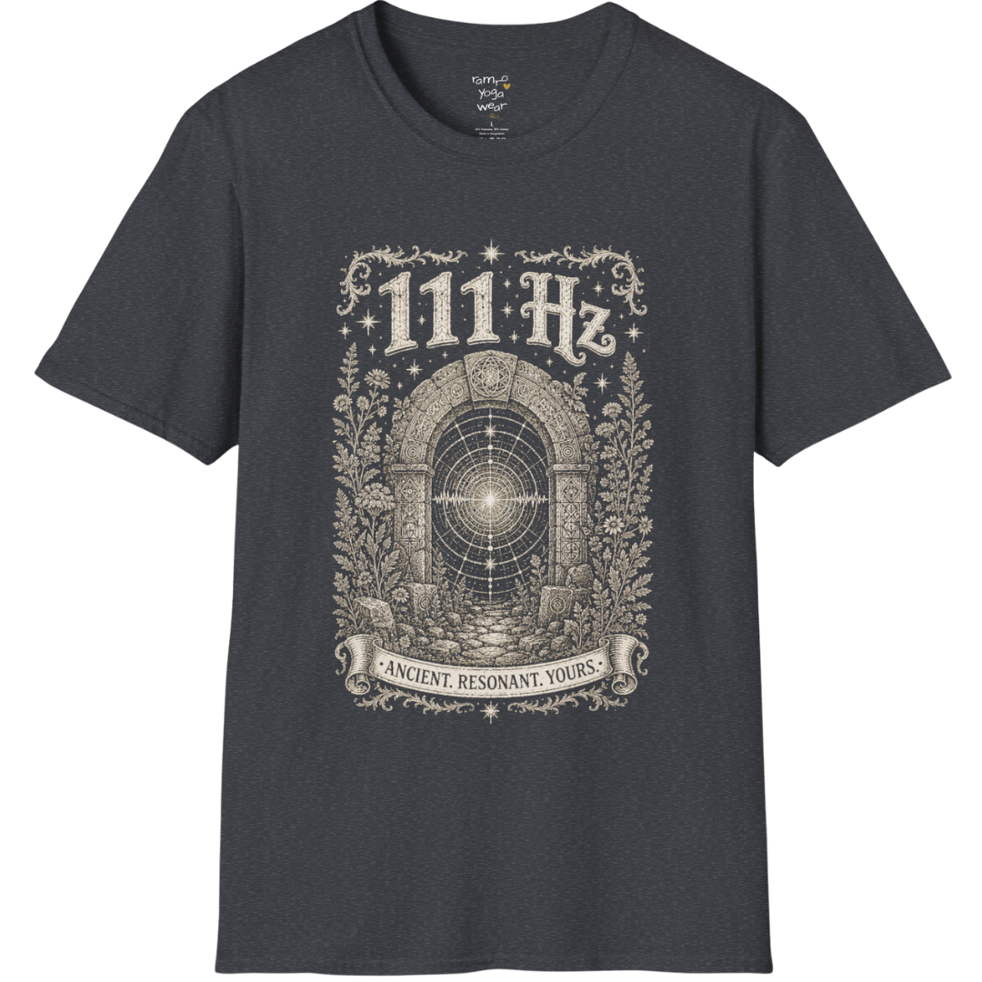 111 Hz T-Shirt with stone archway and sound wave design — Dark Sacred Stillness collection by Ramro Yoga Wear in Dark Heather Grey
