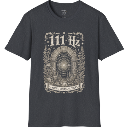 111 Hz T-Shirt with stone archway and sound wave design — Dark Sacred Stillness collection by Ramro Yoga Wear in Dark Heather Grey