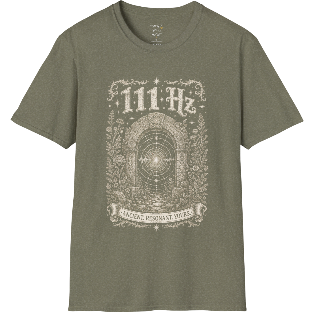 111 Hz T-Shirt with stone archway and sound wave design — Dark Sacred Stillness collection by Ramro Yoga Wear in Heather Military Green