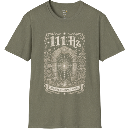 111 Hz T-Shirt with stone archway and sound wave design — Dark Sacred Stillness collection by Ramro Yoga Wear in Heather Military Green