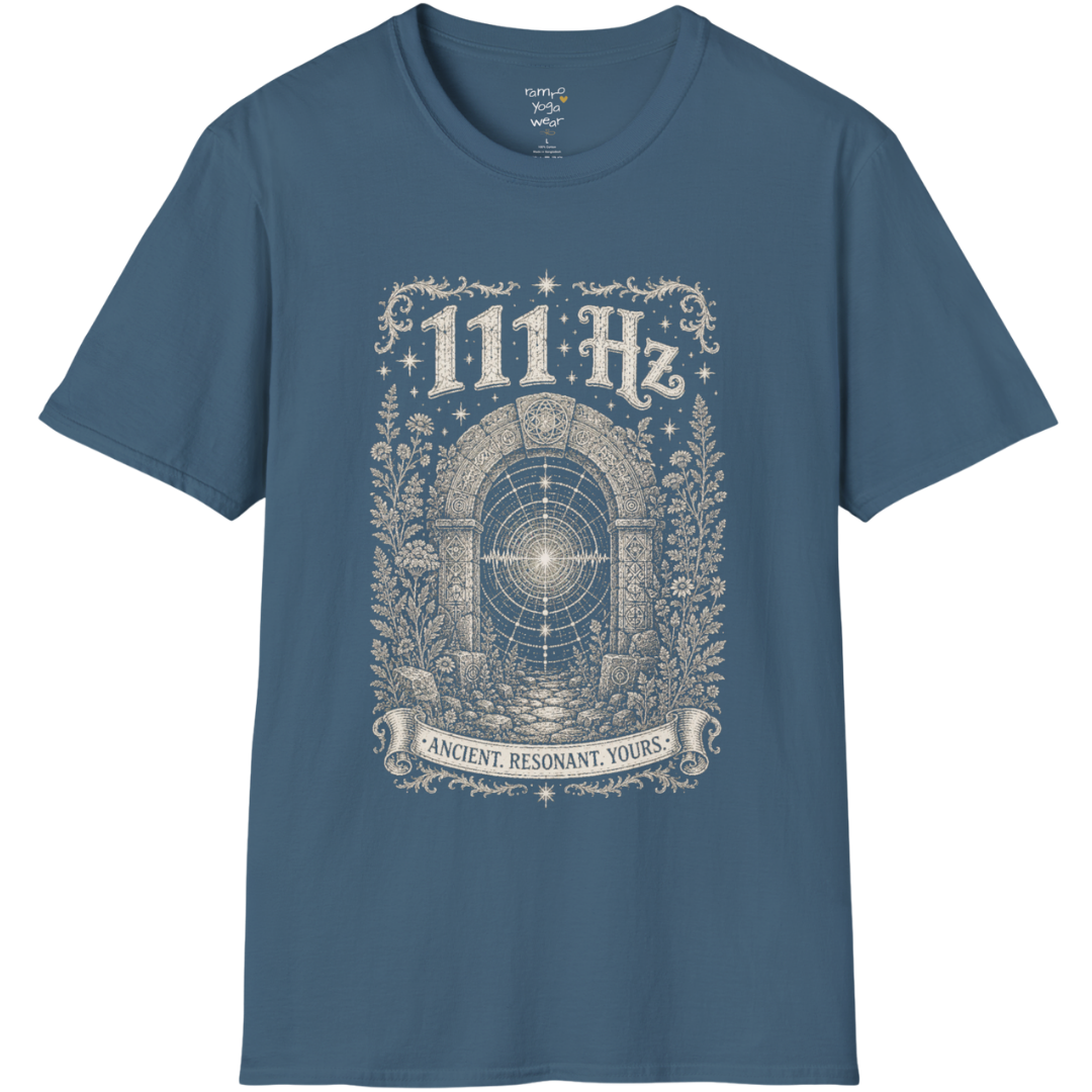 111 Hz T-Shirt with stone archway and sound wave design — Dark Sacred Stillness collection by Ramro Yoga Wear in Indigo Blue