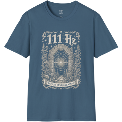 111 Hz T-Shirt with stone archway and sound wave design — Dark Sacred Stillness collection by Ramro Yoga Wear in Indigo Blue