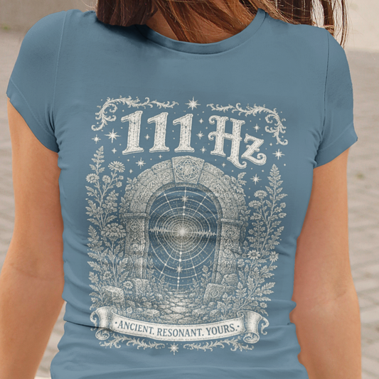 111 Hz T-Shirt stone blue sacred yoga shirt outdoors — Dark Sacred Stillness collection by Ramro Yoga Wear