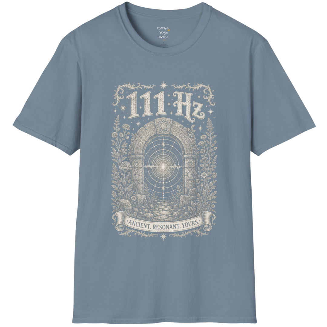 111 Hz T-Shirt with stone archway and sound wave design — Dark Sacred Stillness collection by Ramro Yoga Wear in Stone Blue