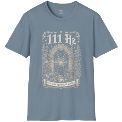 111 Hz T-Shirt with stone archway and sound wave design — Dark Sacred Stillness collection by Ramro Yoga Wear in Stone Blue