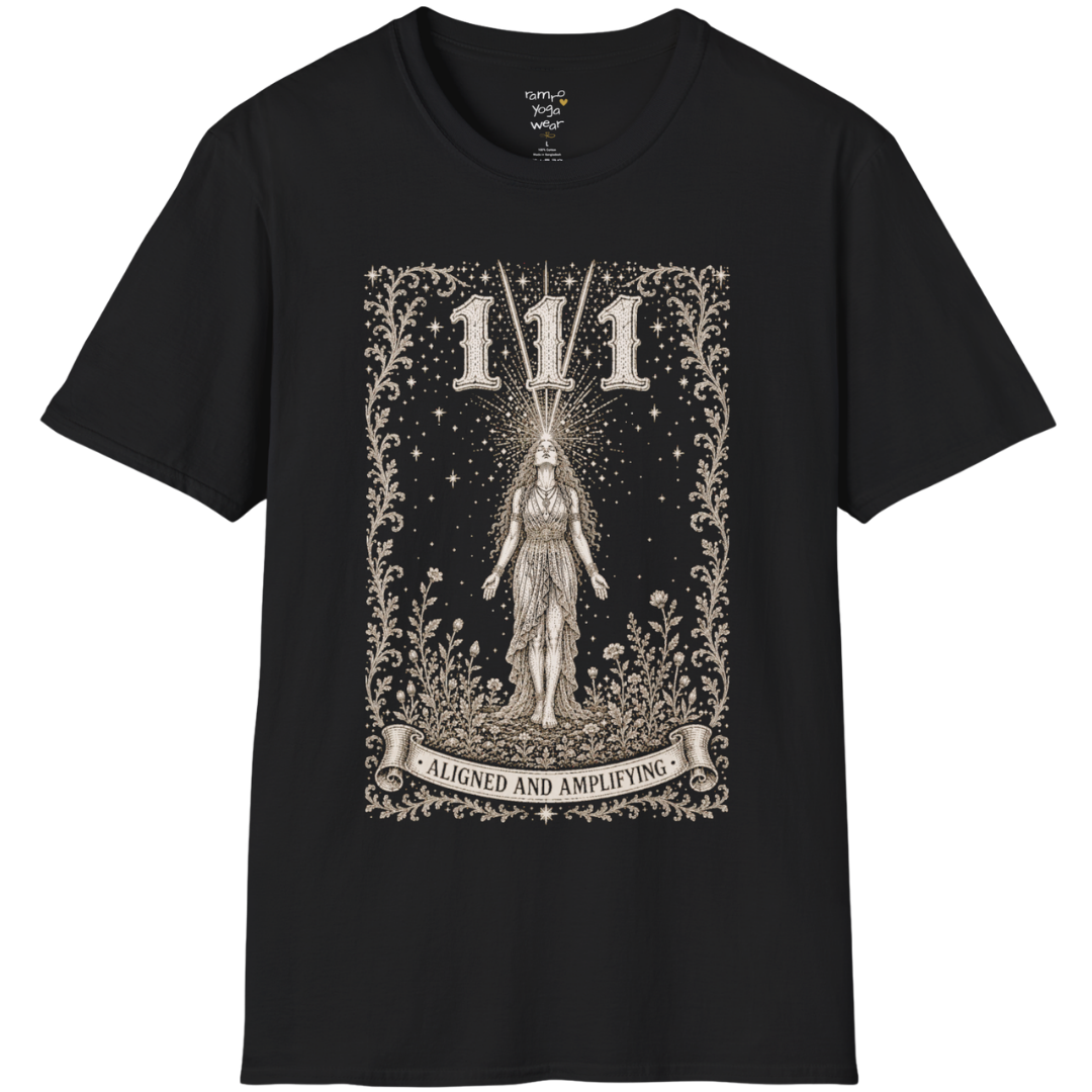 111 T-Shirt with radiant converging light design — Dark Sacred Stillness collection by Ramro Yoga Wear in Black