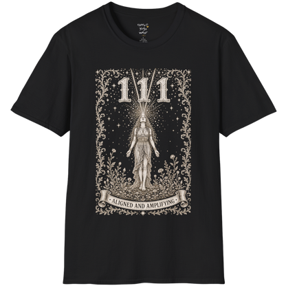 111 T-Shirt with radiant converging light design — Dark Sacred Stillness collection by Ramro Yoga Wear in Black