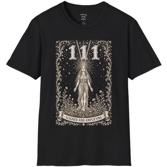 111 T-Shirt with radiant converging light design — Dark Sacred Stillness collection by Ramro Yoga Wear in Black