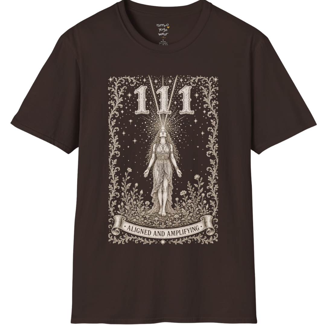 111 T-Shirt with radiant converging light design — Dark Sacred Stillness collection by Ramro Yoga Wear in Dark Chocolate