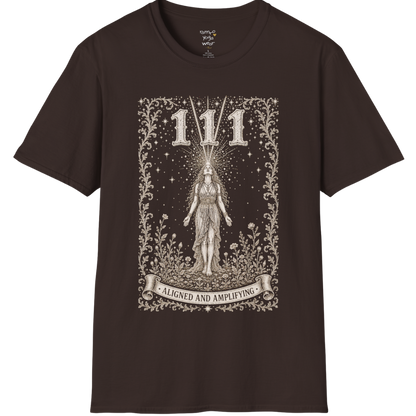 111 T-Shirt with radiant converging light design — Dark Sacred Stillness collection by Ramro Yoga Wear in Dark Chocolate