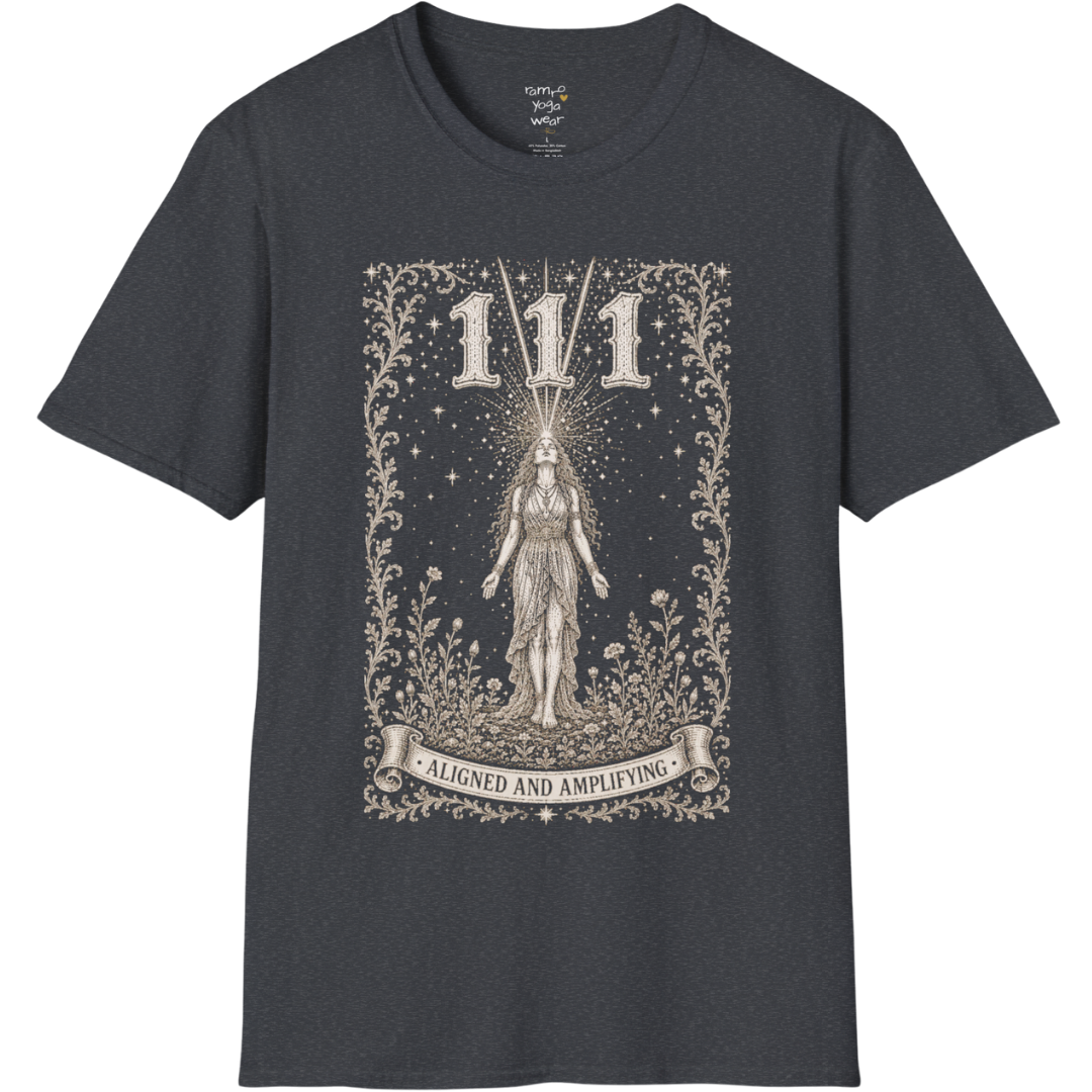 111 T-Shirt with radiant converging light design — Dark Sacred Stillness collection by Ramro Yoga Wear in Dark Heather Grey