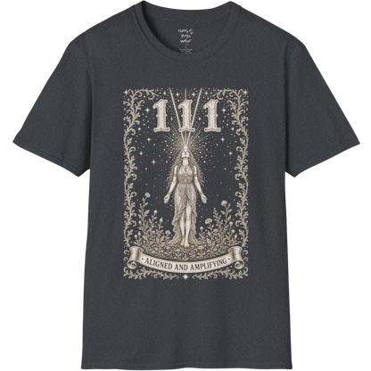 111 T-Shirt with radiant converging light design — Dark Sacred Stillness collection by Ramro Yoga Wear in Dark Heather Grey