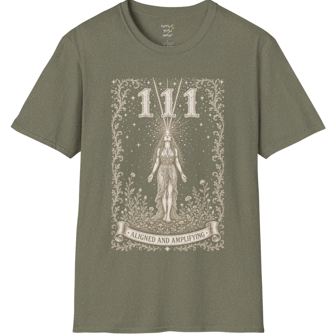 111 T-Shirt with radiant converging light design — Dark Sacred Stillness collection by Ramro Yoga Wear in Heather Military Green