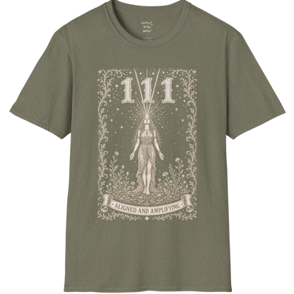 111 T-Shirt with radiant converging light design — Dark Sacred Stillness collection by Ramro Yoga Wear in Heather Military Green
