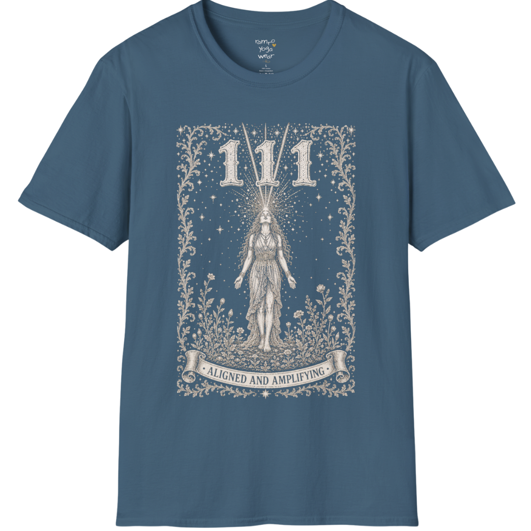 111 T-Shirt with radiant converging light design — Dark Sacred Stillness collection by Ramro Yoga Wear in Indigo Blue