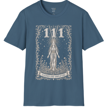111 T-Shirt with radiant converging light design — Dark Sacred Stillness collection by Ramro Yoga Wear in Indigo Blue