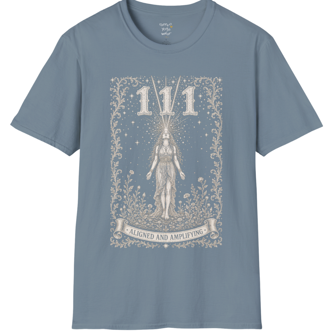 111 T-Shirt with radiant converging light design — Dark Sacred Stillness collection by Ramro Yoga Wear in Stone Blue