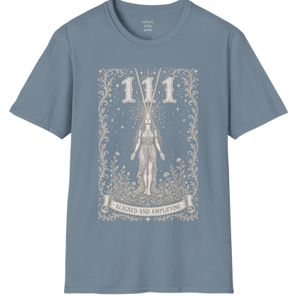 111 T-Shirt with radiant converging light design — Dark Sacred Stillness collection by Ramro Yoga Wear in Stone Blue
