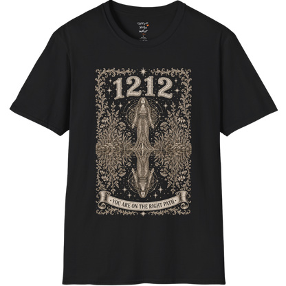 Woman mirrored in still water with sacred geometry and symmetrical botanical engraving design — Dark Sacred Stillness collection by Ramro Yoga Wear