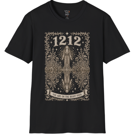 Woman mirrored in still water with sacred geometry and symmetrical botanical engraving design — Dark Sacred Stillness collection by Ramro Yoga Wear