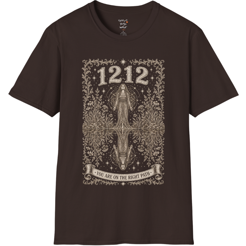 Woman mirrored in still water with sacred geometry and symmetrical botanical engraving design — Dark Sacred Stillness collection by Ramro Yoga Wear