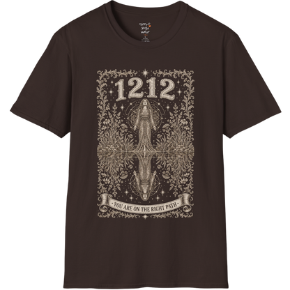 Woman mirrored in still water with sacred geometry and symmetrical botanical engraving design — Dark Sacred Stillness collection by Ramro Yoga Wear