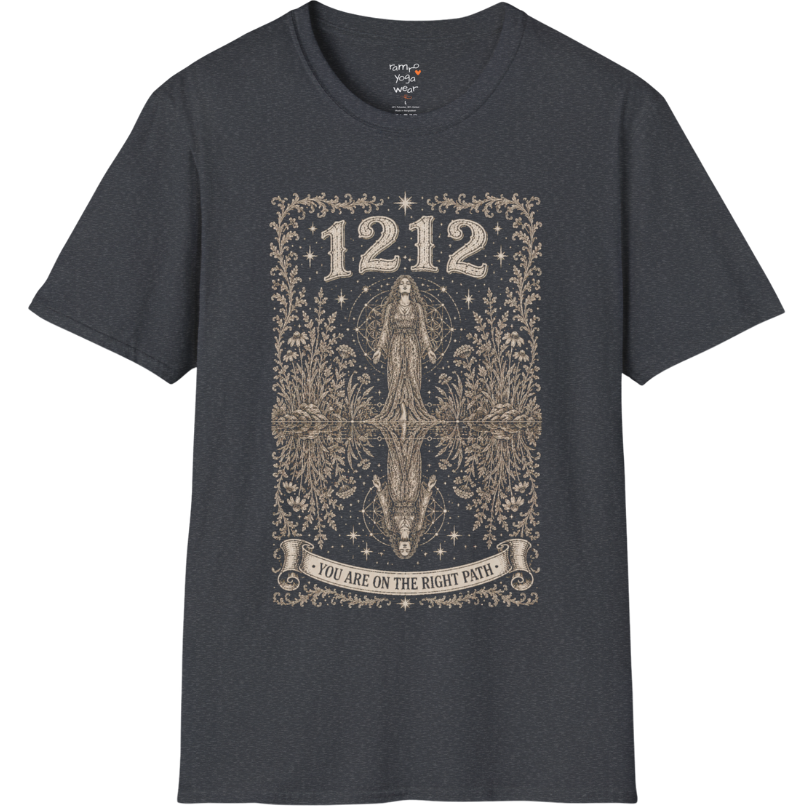 Woman mirrored in still water with sacred geometry and symmetrical botanical engraving design — Dark Sacred Stillness collection by Ramro Yoga Wear