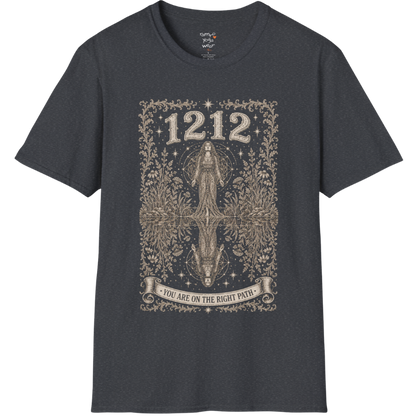 Woman mirrored in still water with sacred geometry and symmetrical botanical engraving design — Dark Sacred Stillness collection by Ramro Yoga Wear