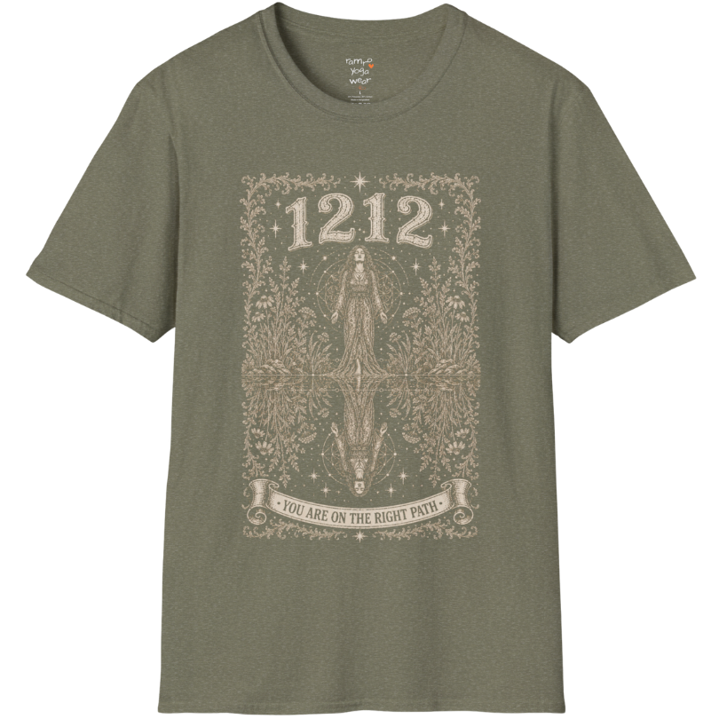 Woman mirrored in still water with sacred geometry and symmetrical botanical engraving design — Dark Sacred Stillness collection by Ramro Yoga Wear