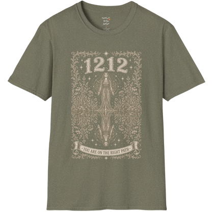 Woman mirrored in still water with sacred geometry and symmetrical botanical engraving design — Dark Sacred Stillness collection by Ramro Yoga Wear