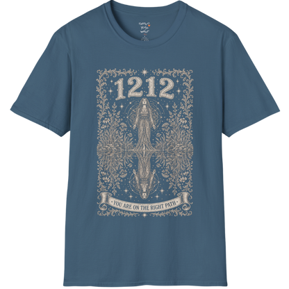 Woman mirrored in still water with sacred geometry and symmetrical botanical engraving design — Dark Sacred Stillness collection by Ramro Yoga Wear