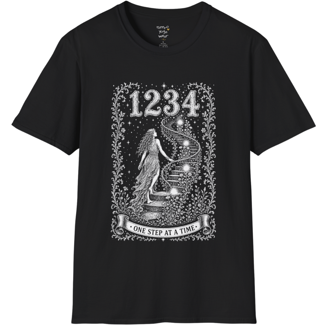 1234 T-Shirt with spiral staircase design — Dark Sacred Stillness collection by Ramro Yoga Wear in black