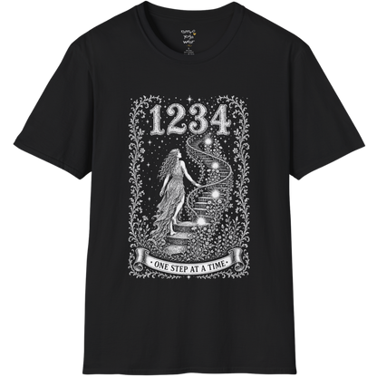 1234 T-Shirt with spiral staircase design — Dark Sacred Stillness collection by Ramro Yoga Wear in black