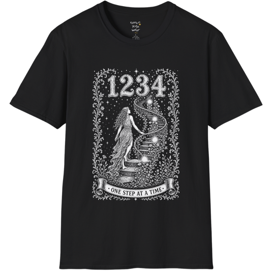 1234 T-Shirt with spiral staircase design — Dark Sacred Stillness collection by Ramro Yoga Wear in black