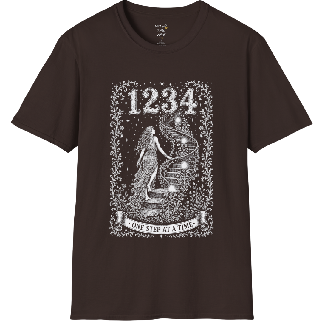 1234 T-Shirt with spiral staircase design — Dark Sacred Stillness collection by Ramro Yoga Wear in Dark Chocolate