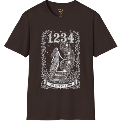 1234 T-Shirt with spiral staircase design — Dark Sacred Stillness collection by Ramro Yoga Wear in Dark Chocolate