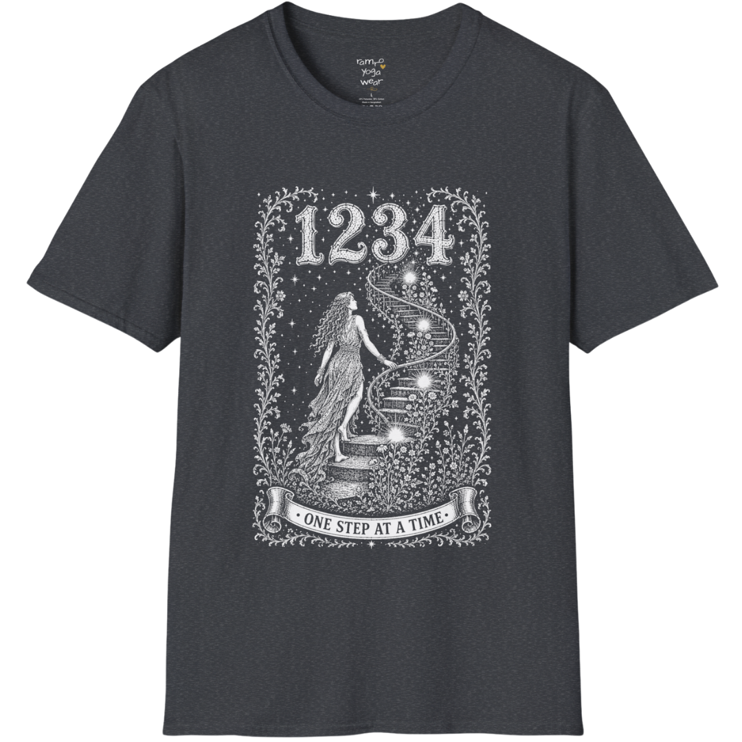 1234 T-Shirt with spiral staircase design — Dark Sacred Stillness collection by Ramro Yoga Wear in dark heather grey