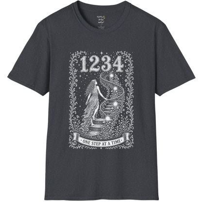 1234 T-Shirt with spiral staircase design — Dark Sacred Stillness collection by Ramro Yoga Wear in dark heather grey