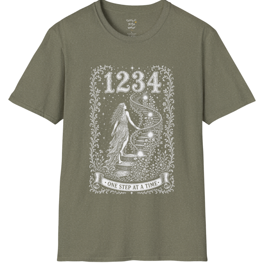 1234 T-Shirt with spiral staircase design — Dark Sacred Stillness collection by Ramro Yoga Wear in Heather Military Green
