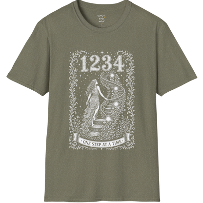 1234 T-Shirt with spiral staircase design — Dark Sacred Stillness collection by Ramro Yoga Wear in Heather Military Green