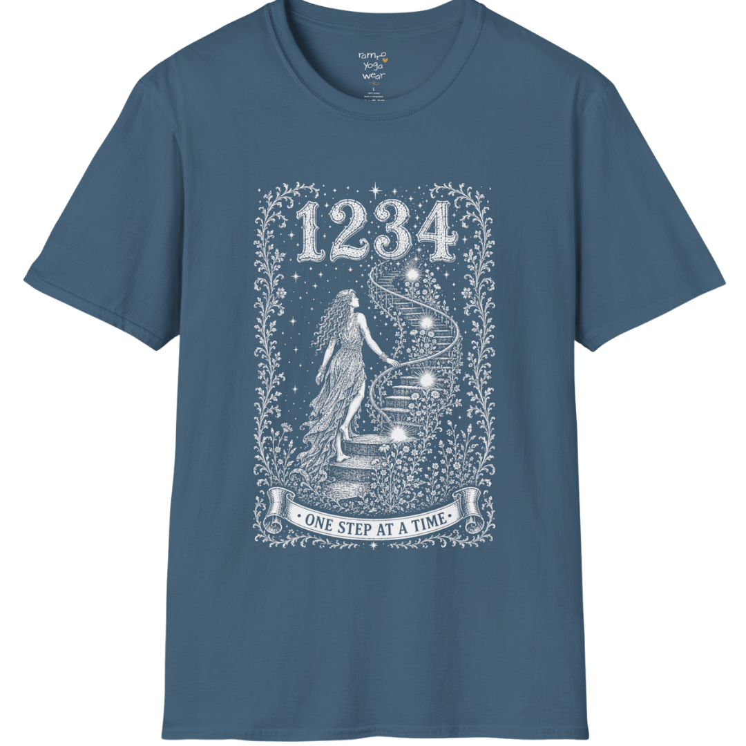 1234 T-Shirt with spiral staircase design — Dark Sacred Stillness collection by Ramro Yoga Wear in Indigo Blue