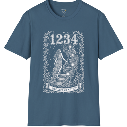 1234 T-Shirt with spiral staircase design — Dark Sacred Stillness collection by Ramro Yoga Wear in Indigo Blue