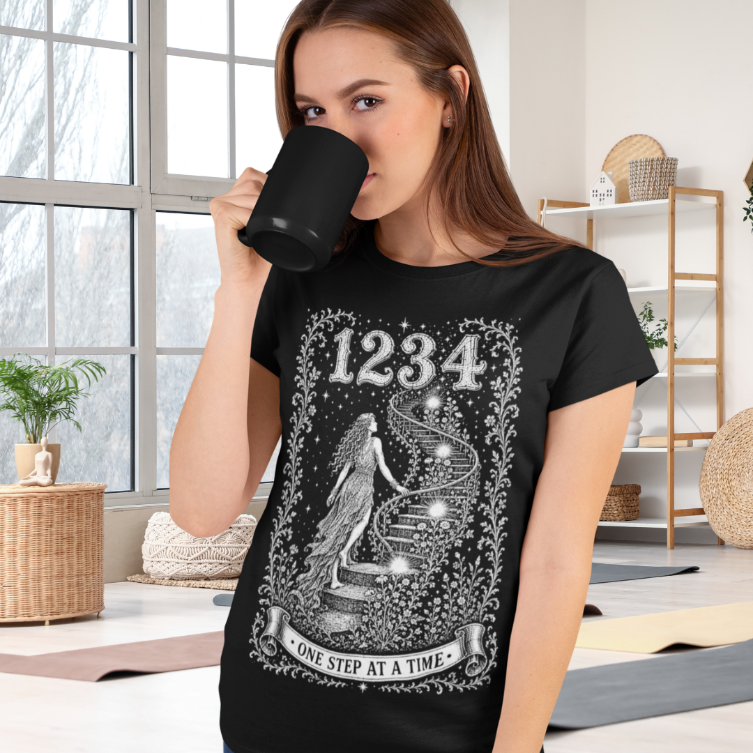 1234 T-Shirt black sacred yoga shirt at the yoga studio enjoying a coffee after class — Dark Sacred Stillness collection by Ramro Yoga Wear