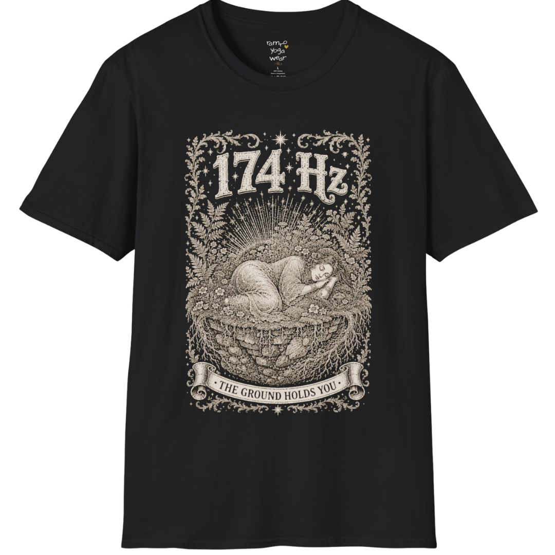 174 Hz T-Shirt with a woman resting on a floating botanical island design — Dark Sacred Stillness collection by Ramro Yoga Wear in Black