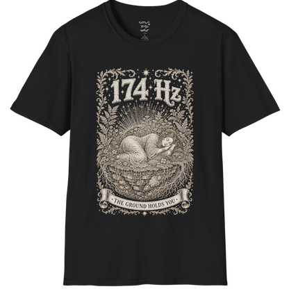 174 Hz T-Shirt with a woman resting on a floating botanical island design — Dark Sacred Stillness collection by Ramro Yoga Wear in Black
