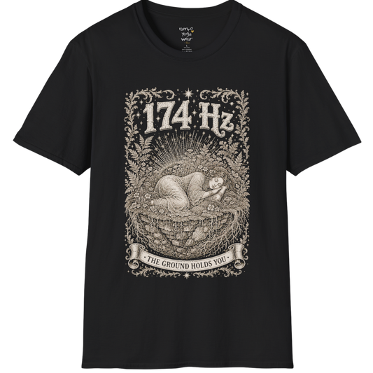 174 Hz T-Shirt with a woman resting on a floating botanical island design — Dark Sacred Stillness collection by Ramro Yoga Wear in Black