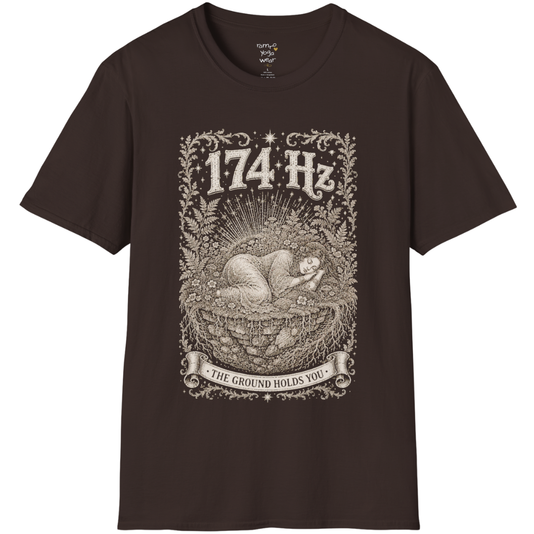 174 Hz T-Shirt with a woman resting on a floating botanical island design — Dark Sacred Stillness collection by Ramro Yoga Wear in Dark Chocolate