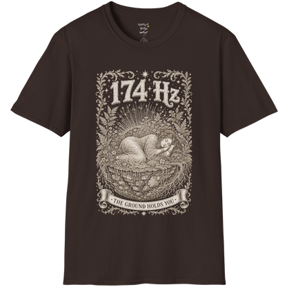 174 Hz T-Shirt with a woman resting on a floating botanical island design — Dark Sacred Stillness collection by Ramro Yoga Wear in Dark Chocolate