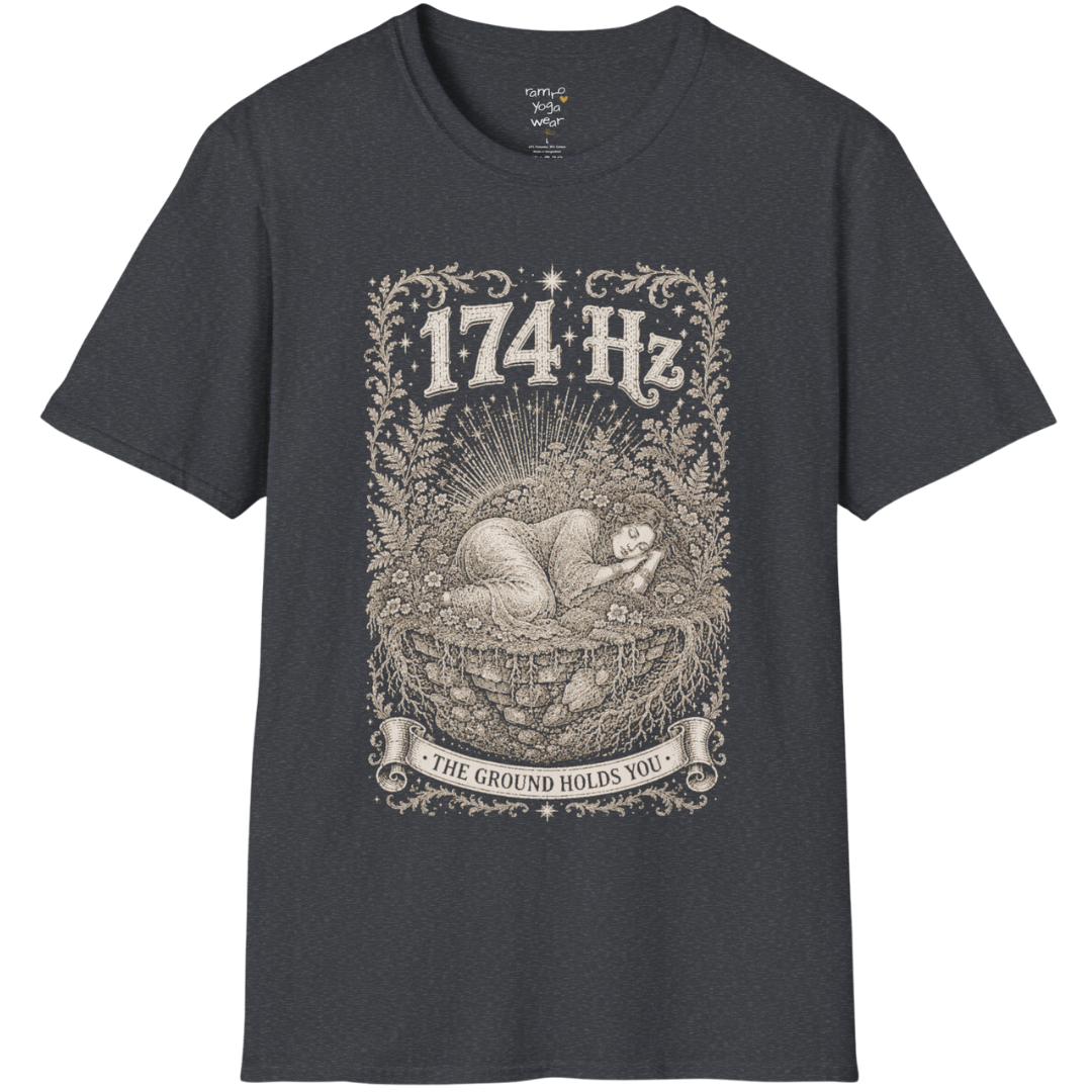 174 Hz T-Shirt with a woman resting on a floating botanical island design — Dark Sacred Stillness collection by Ramro Yoga Wear in Dark Heather Grey